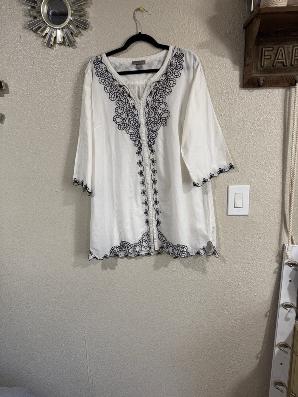 Peppermint White Tunic Top with Black Floral Embroidery